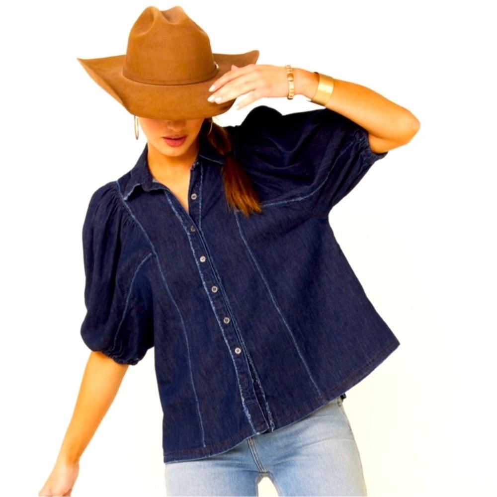 Free People | Suhrie Puff Sleeve Button-Up Indigo Sz M